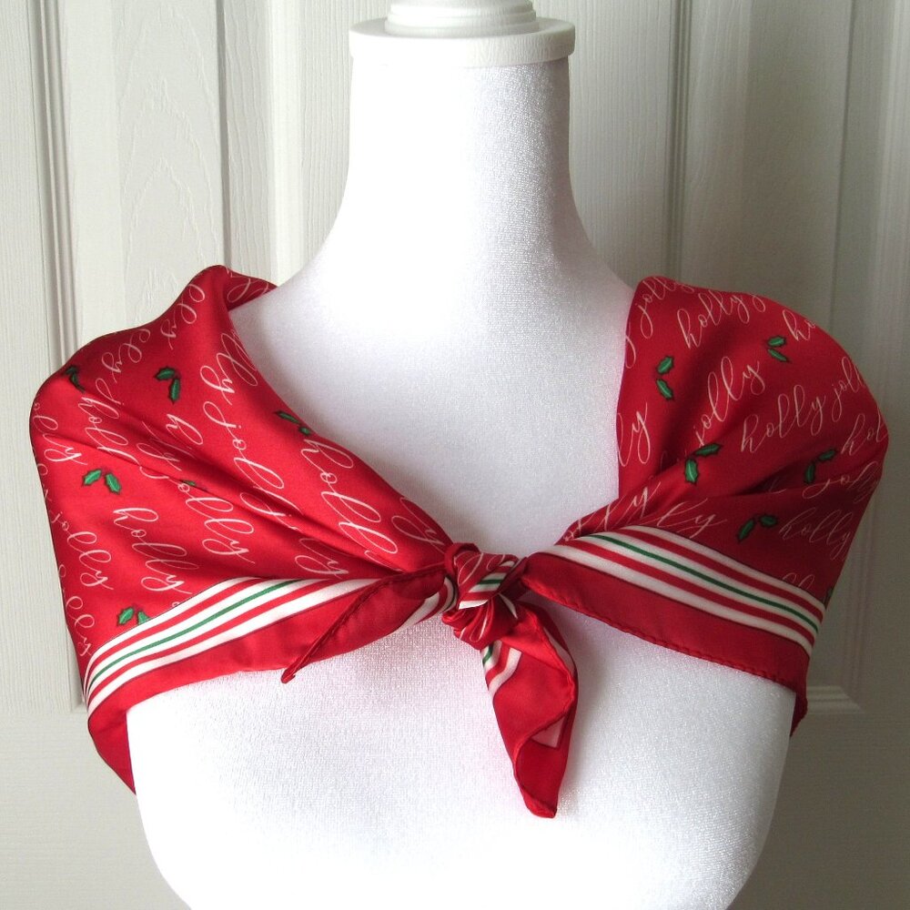 HOLLY JOLLY Christmas Vintage SCARF Red Words Shiny Mistletoe Elegant Holiday